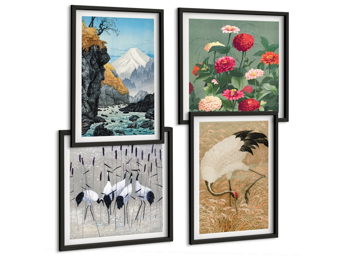 Galeria De Pinturas Murais Praia, Areia, Ondas, Céu, Pássaros Moldura Preta Quadros Para A Sala De Estar Espelharte (conjunto De 4 Imagens)