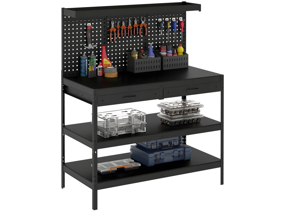 Bancada de trabalho com prateleiras ajustáveis, parede perfurada, 2 gavetas, preto, 122x61x156cm | S/MARCA