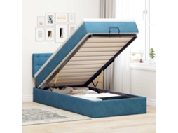 Estrutura De Cama Otomana Com Colchão Azul Escuro Veludo