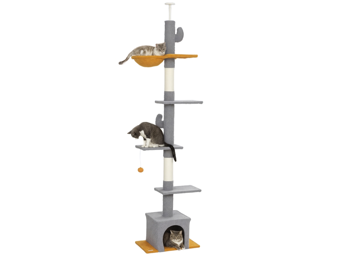 Árvore para Gatos, Altura 275 Cm, 6 Níveis para Gato Interno, do Chão Ao Teto, com Plataformas, Canil, Cinza Claro Ge