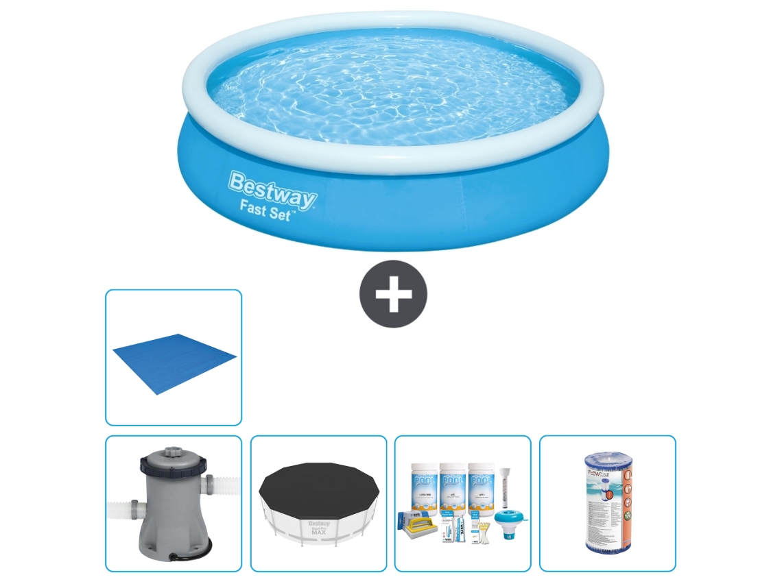 Piscina Inflável Redonda BESTWAY Fast Set 366 X 76 Cm Azul Inclui Bomba Cobrir Pacote de Manutenção Filtro Folha de Base