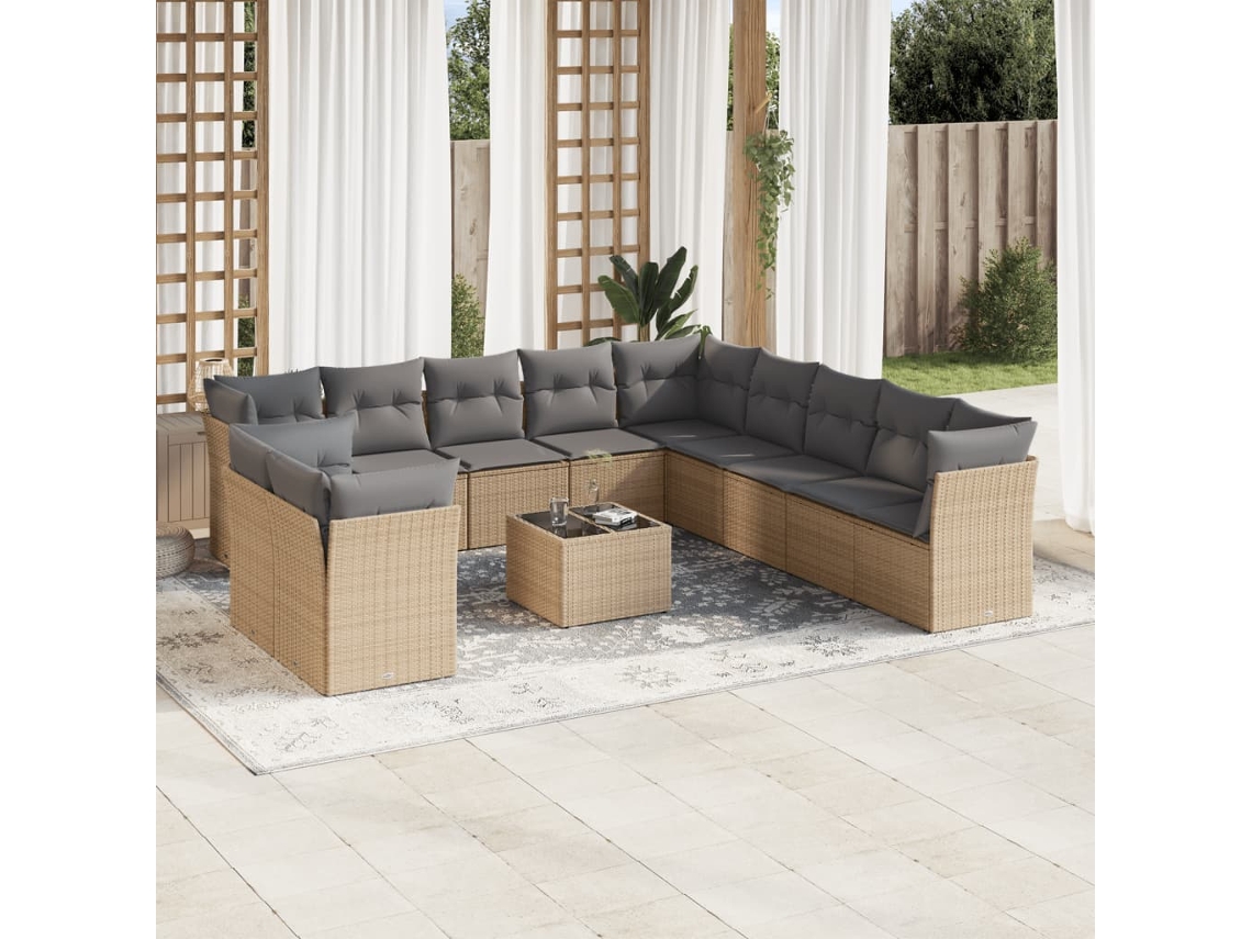 Vidaxl 12 Pcs Conjunto De Sofás P/ Jardim Com Almofadões Vime Pe Bege