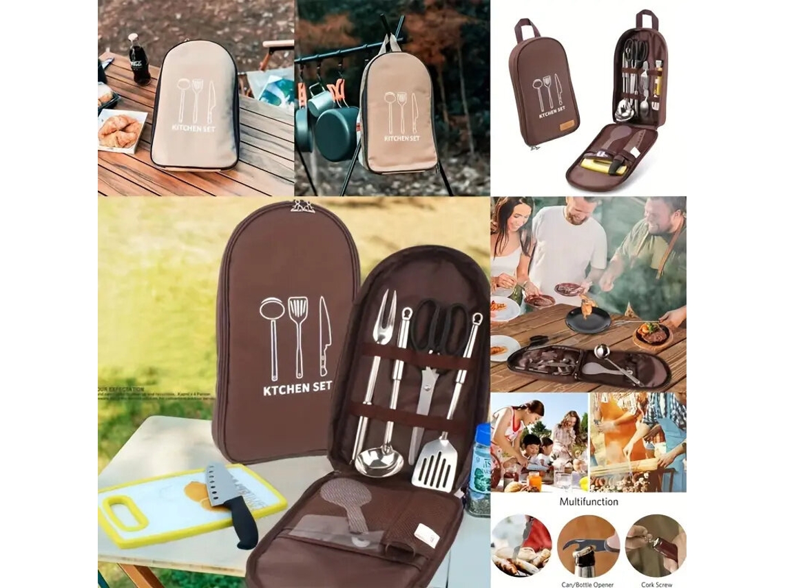 Marrom Bolsa Organizadora Portátil Utensílios Cozinha Camping Prática Transportar Churrasco Culinária Compacto Talheres Viagem