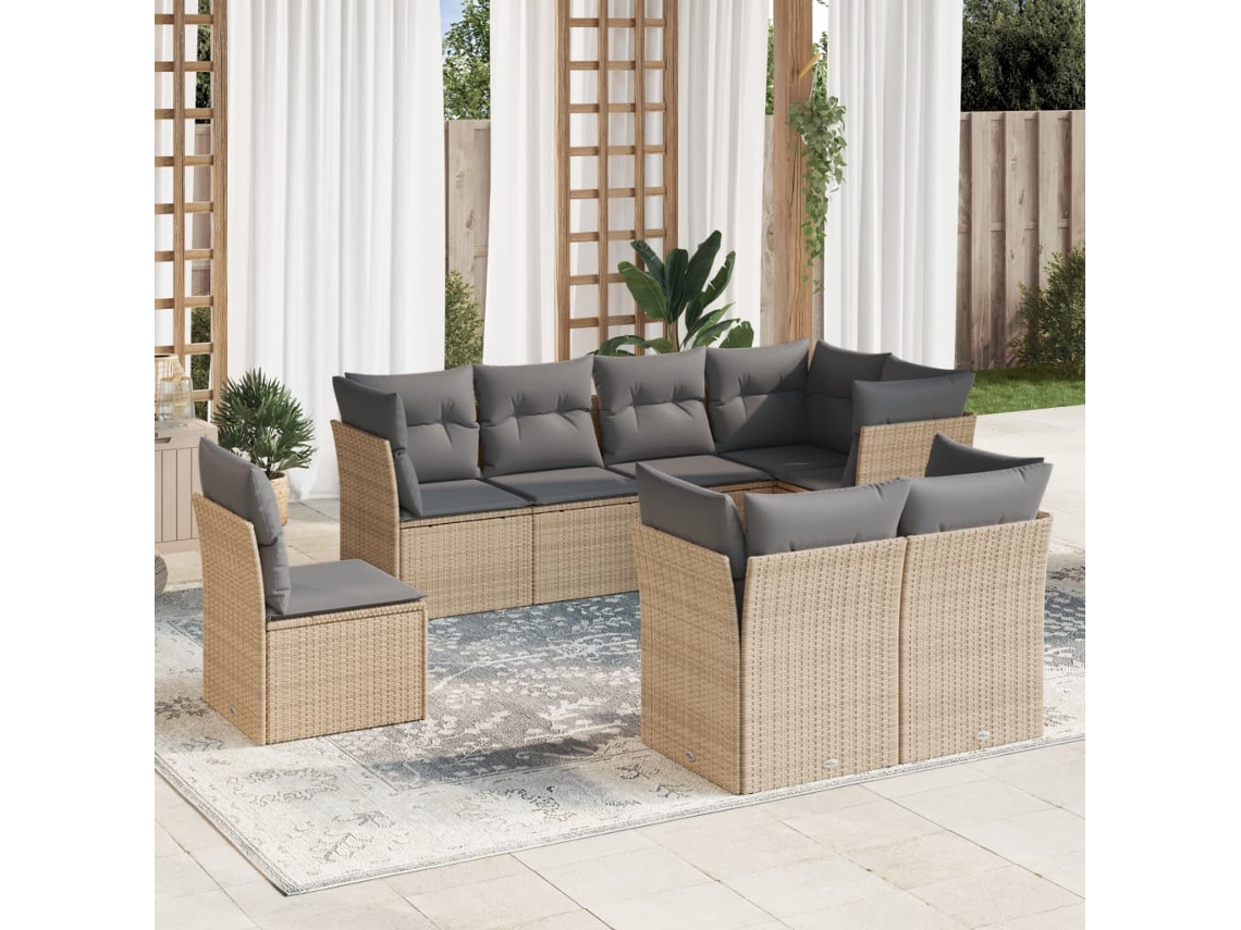 Vidaxl 8 Pcs Conjunto De Sofás P/ Jardim Com Almofadões Vime Pe Bege