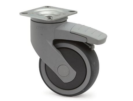 Rueda giratoria levina ø100 plástico 77x67 aro de goma con freno aro de goma tenteprene. n/poliprop. antihilo.