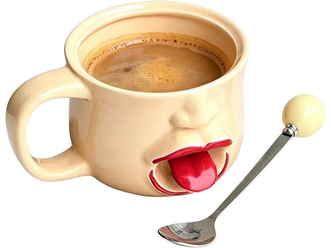Caneca De Café Com Desenho De Língua, 255 Ml, Com Colher E Decoração Interna.
