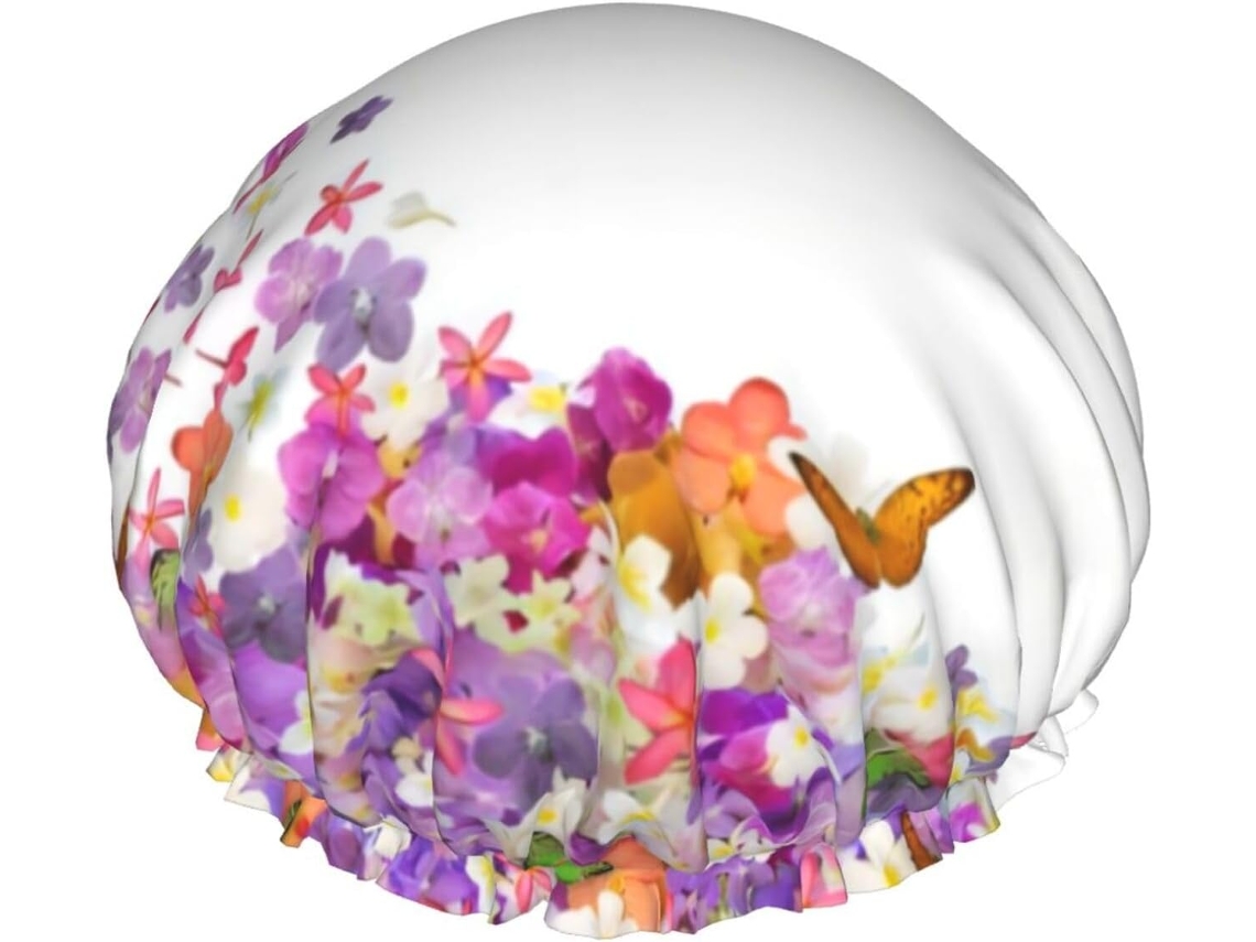 Touca De Banho Com Estampa Borboletas E Flores – Reutilizável, Dupla Camada, Essencial Para Viagens, Ideal Para Hotéis E