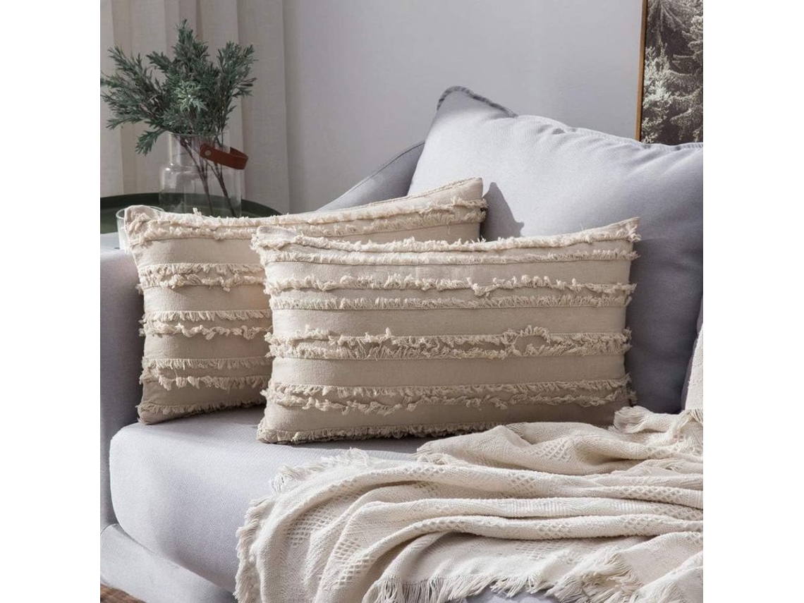 2026 2 Capas de Travesseiro Decorativos Boho de Linho Estampado Jacquard para Sofá, Sala e Dormitório 12x20 Polegadas Bege