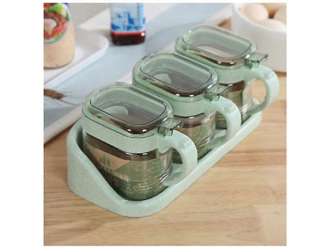 Conjunto de 3 Frascos de Especiarias de Vidro Transparente com Tampa Cuchara e Base para Cozinha Cor Verde