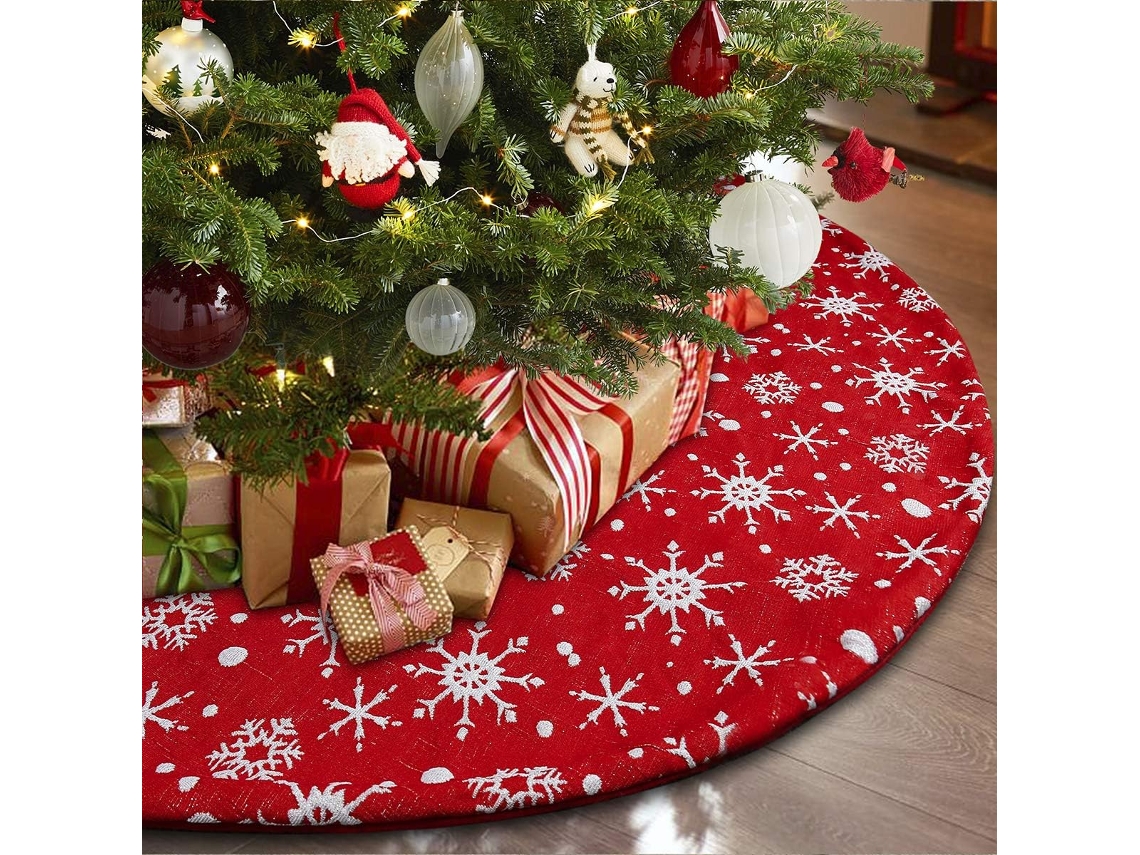 Saia Clássica Para Árvore De Natal Com Flocos De Neve, Design Retrô Vermelho Elegante Que Garante Um Charme Festivo Para Suas Festas, Tecido De Linho