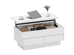 Mesa De Centro Retrágica, Na Cor Branco, Com Compartimento Escondido E 2 Gavetas, Design Prático E Funcional, 100 X 50 X 44 Cm