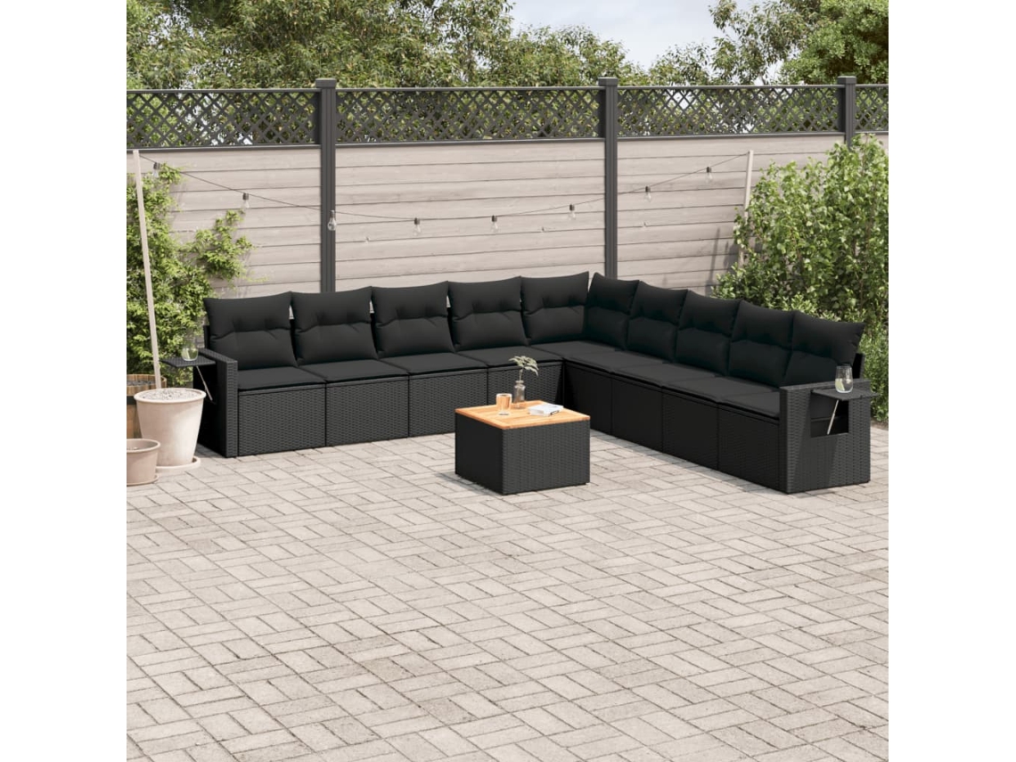 Vidaxl 10 Pcs Conjunto Sofás De Jardim C/ Almofadões Vime Pe Preto