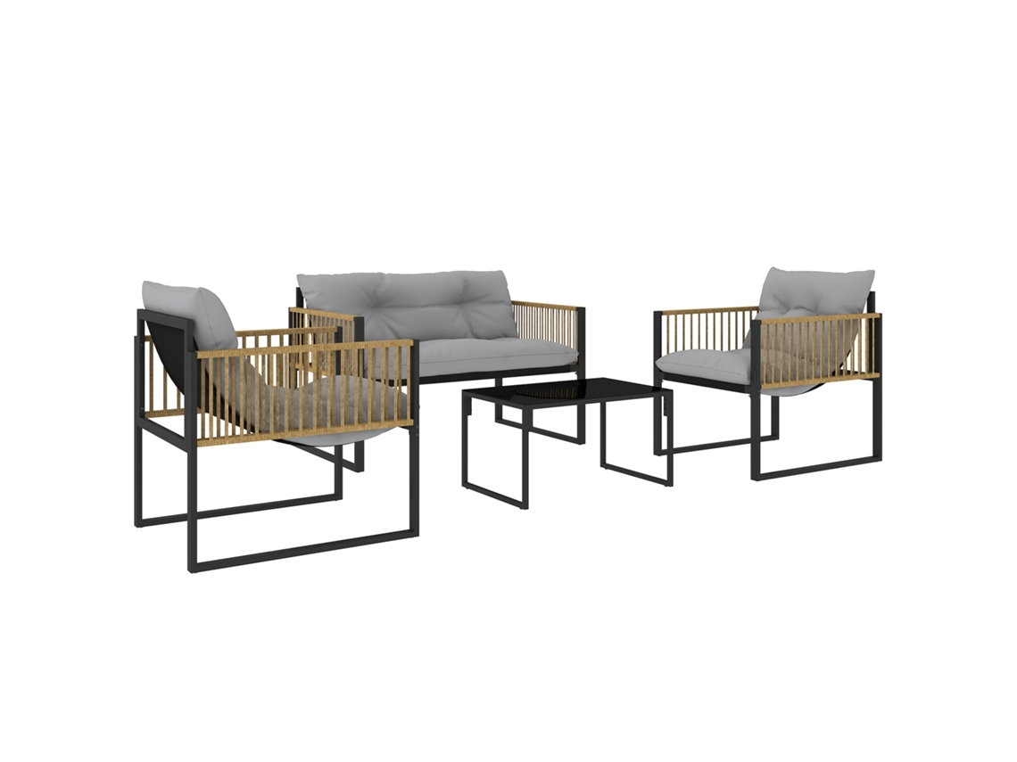 Conjunto Móveis de Jardim Aço, Vime Pe e Poliester Cor Cinzento e Cor Madeira 110x70x67 cm Outsunny