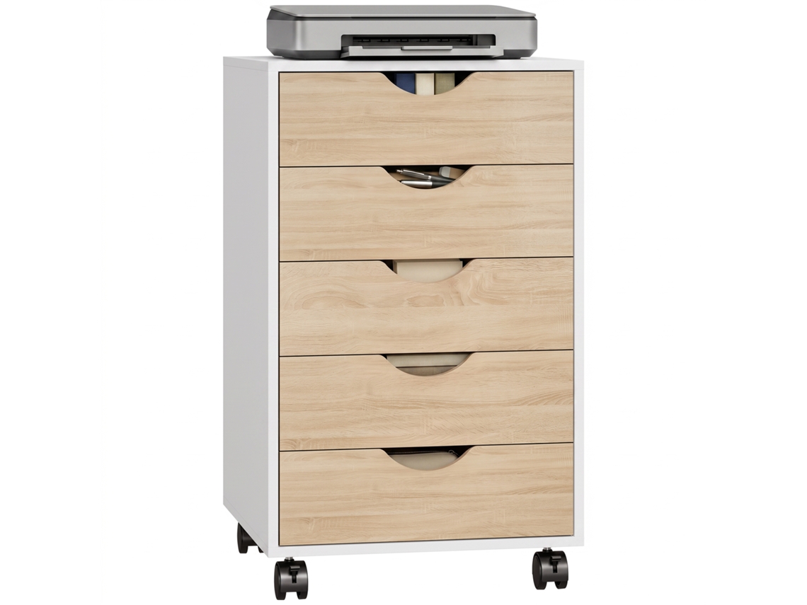 Gaveteiro Móvel Em Mdf Com 5 Gavetas E Rodas, Branco E Natural, 40x40x67 Cm