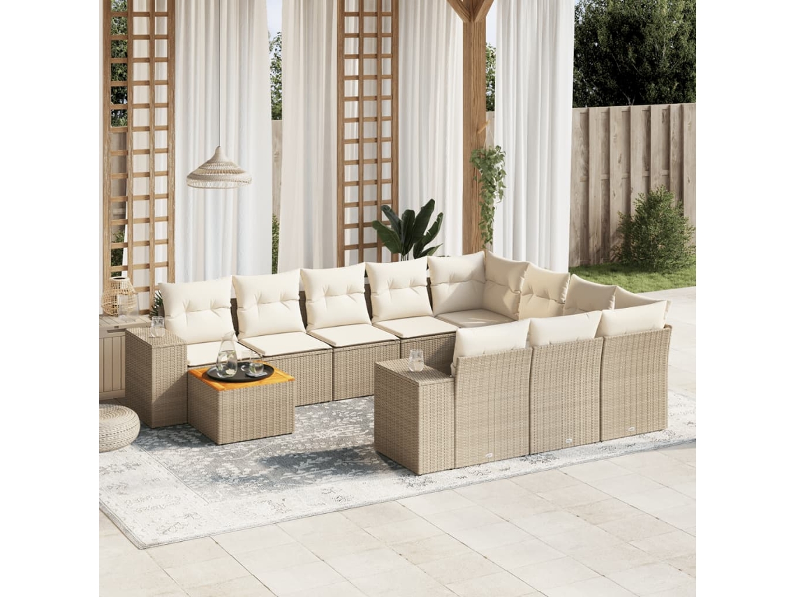 Vidaxl 11 Pcs Conjunto Sofás De Jardim C/ Almofadões Vime Pe Bege