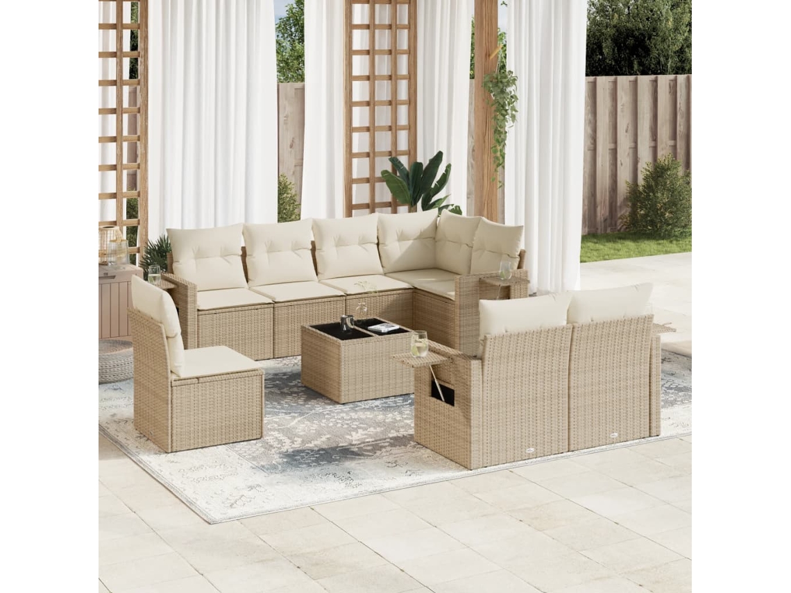 Vidaxl 9 Pcs Conjunto De Sofás P/ Jardim Com Almofadões Vime Pe Bege
