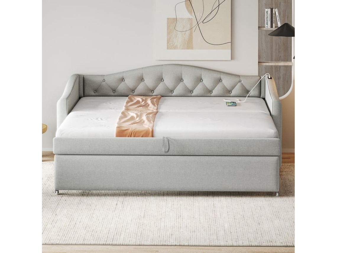 Cama Com Gavetão De Linho 90x200cm E 90x190cm - Com Porta Usb E Estrado - Cinzento