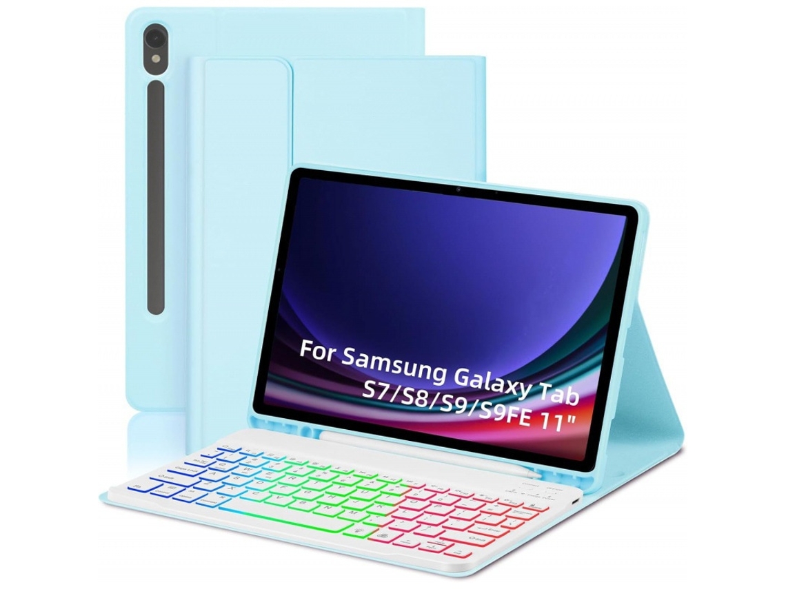 Lurelia Capa Com Teclado Bluetooth Para Samsung Tab S7 Plus 12.4" Retroiluminação Colorida, Layout Pt, Azul E Branco
