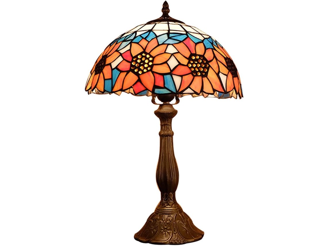 Abajur De Mesa Tiffany, Luminária De Cabeceira Com Cúpula Vidro Colorido, Azul Girassol, 30x30x45 Cm, Luminária