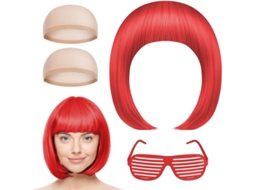 Kit com 4 perucas bob vermelhas curtas, óculos, luva de peruca, festa neon, cosplay