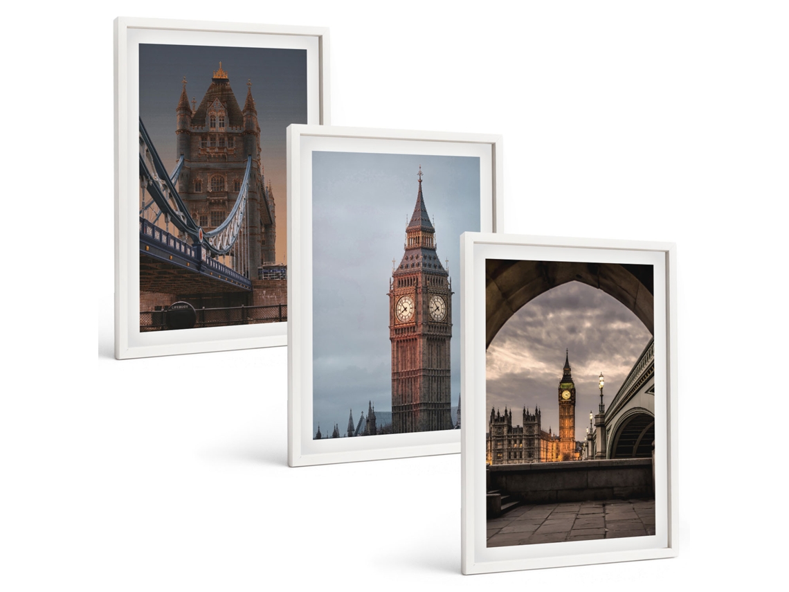 Galeria De Pinturas Murais Ponte De Londres, Relógio Big Ben Moldura Branca Fotos Para O Escritório Espelharte (3 Piezas De 40x60 Cm)