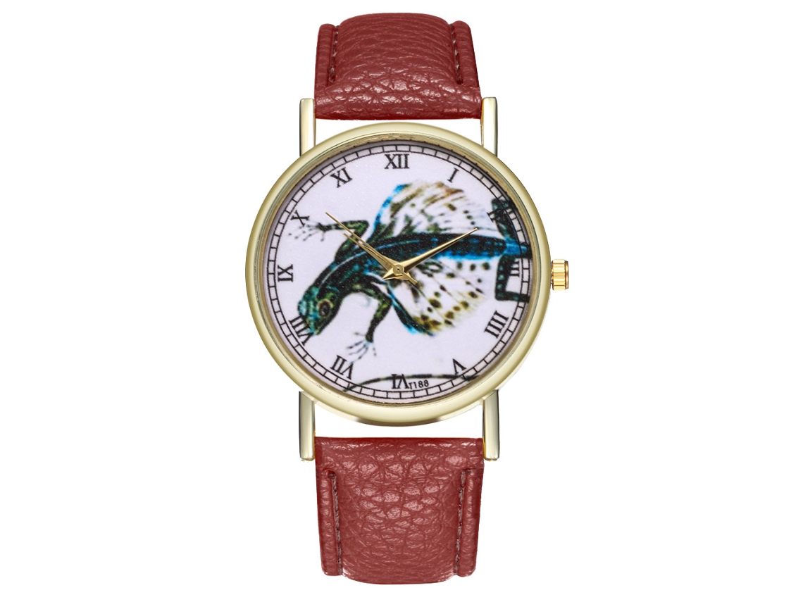 Reloj Casual De Moda Unisex Lagarto Volador Cuarzo Correa De Cuero Café