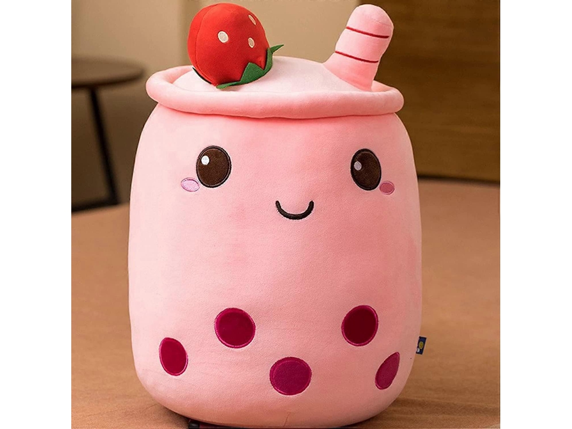 Almofada De Pelúcia De Chá Com Leite De Bolha Com Morango, Forma De Copo Rosa