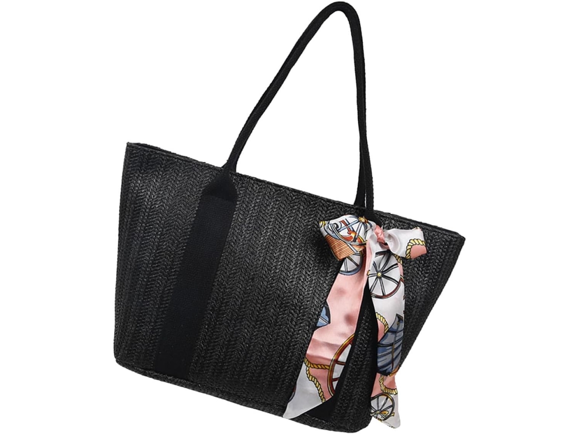 Bolsa Feminina Preta De Tecido Trançado Com Design Criativo De Fita De Palha, Grande Capacidade.