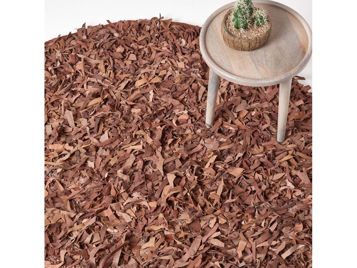 Homescapes Dallas Leather Shaggy Rug Brown, 150 Cm Round
