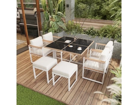 Conjunto de Mesa e Cadeiras para Jantar para 6 Pessoas Mesa 6 Cadeiras Madeira de Acácia L118 X P118 X H74cm Branco KASHEMANO