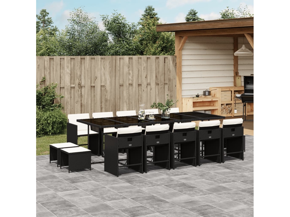 Vidaxl 15 Pcs Conjunto De Jantar P/jardim Com Almofadões Vime Pe Preto