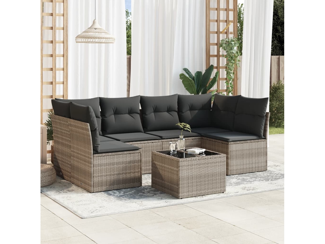 Vidaxl 7 Pcs Conj. Sofás Jardim Com Almofadões Vime Pe Cinzento-claro