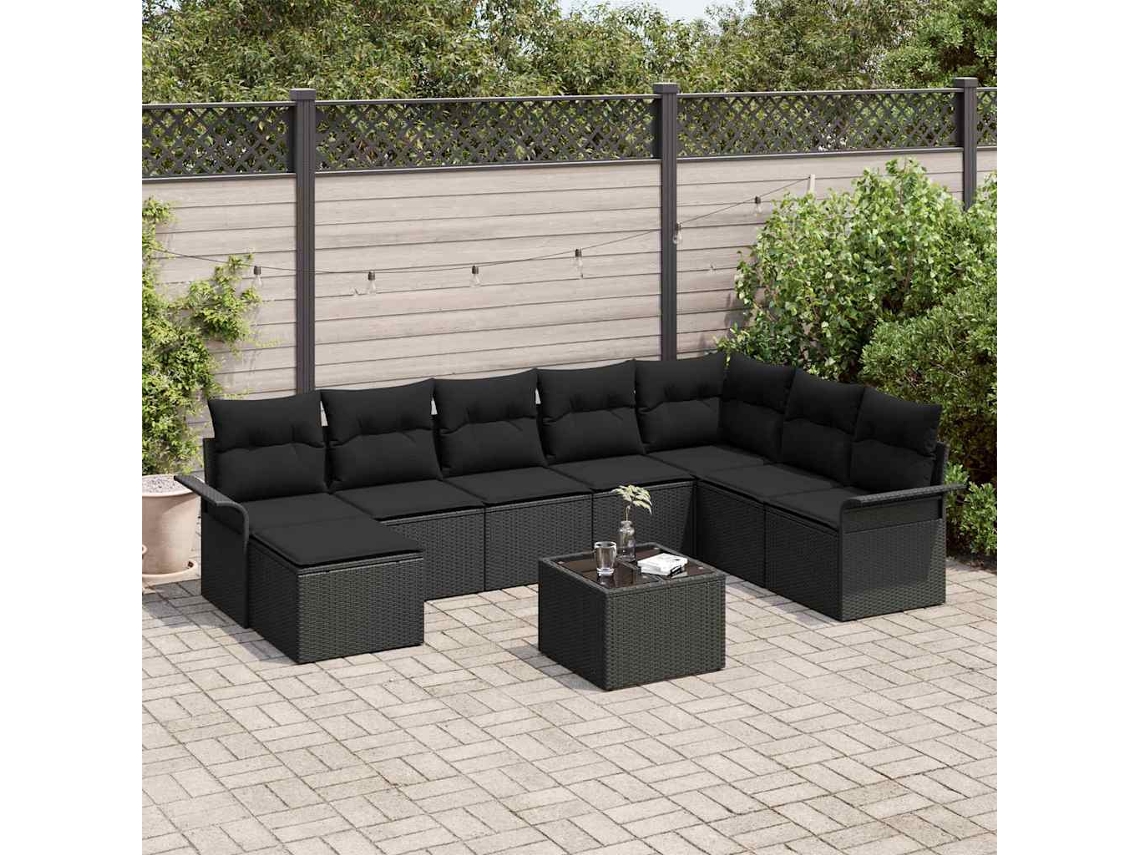 Vidaxl Conjunto De Sofá De Jardim Com Almofada 9 Pcs Preto Vime Pe