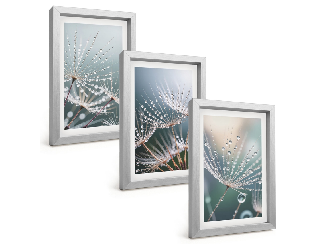 Composição De Quadrosgotas De Água Em Brotos, Dentes-de-leão Moldura Prateada Imagens Para Um Quarto Infantil Espelharte (3 Peças 20x30 Cm)