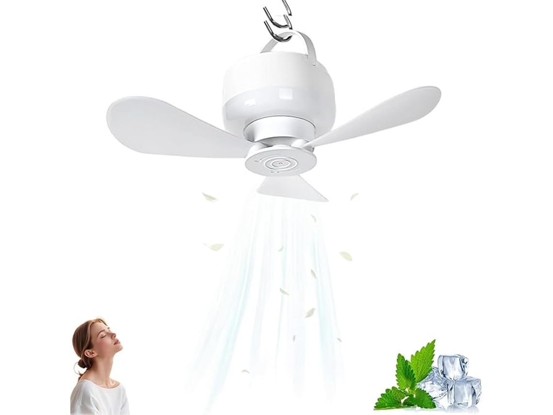 Ventilador de Teto Portátil Recarregável com Luz e Controlo Remoto, 5 Velocidades de Vento e 3 Níveis de Brilho Branco SIURN