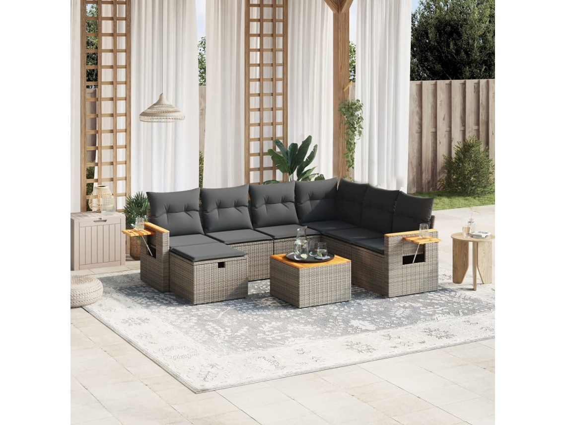 Vidaxl 8 Pcs Conjunto Sofás De Jardim C/ Almofadões Vime Pe Cinzento