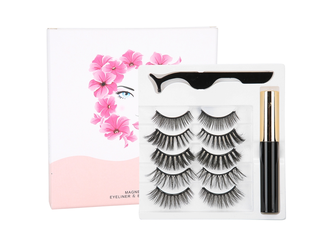 5 Pares Cílios Falsos Com Eyeliner Líquido Magnético Pinça Kit Maquiagem (005)