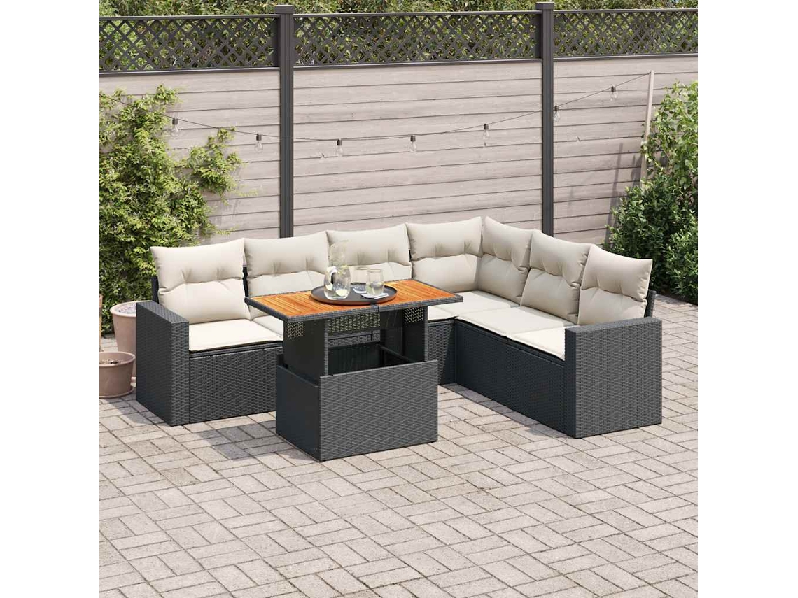 Vidaxl 7 Pcs Conjunto De Sofás P/ Jardim C/ Almofadões Vime Pe Preto