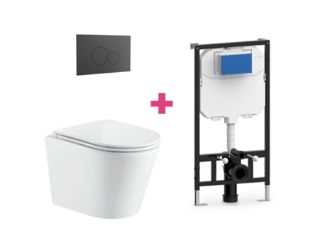 Conjunto de vaso sanitário suspenso de cerâmica Turin com cisterna redonda preta e botão de pressão Aquore