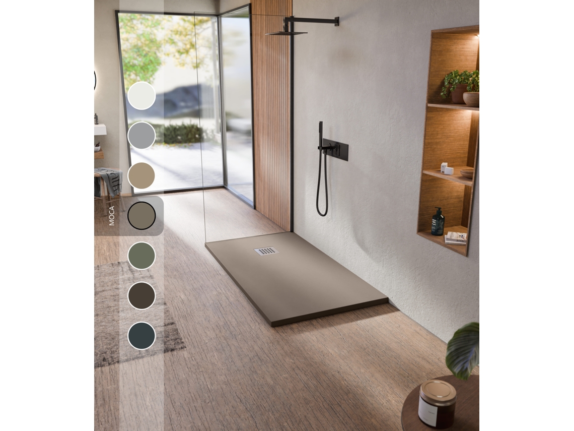 Base De Duche De Resina Antiderrapante Textura Lousa Suave Inclui Válvula De Escoamento E Grelha Moca 75 X 200cm Bellobath