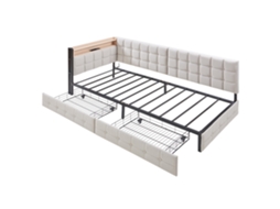 Sofá cama Estofado PAPRIKA 90x200cm com 2 Gavetas, luminária Led, portas Usb, formato de Barco, Bege