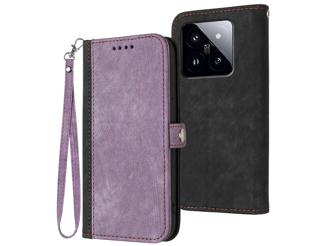 Capa De Couro Para Xiaomi 14 Pro Com Fivela Lateral E Alça De Mão Dupla Dobrável