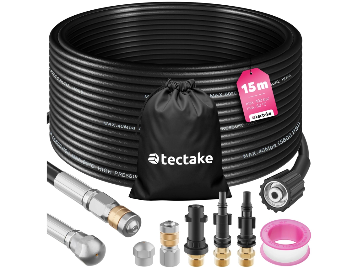 Tectake Conjunto De Mangueira Para Limpeza De Tubos Incl. 2 Bicos E 3 Adaptadores, Preto