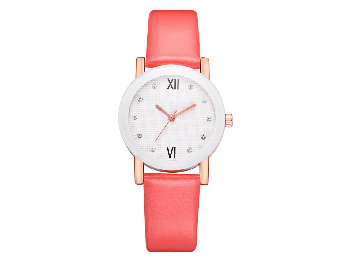 Relógio de Pulso Feminino Casual Quartzo com Strass Pulseira de Couro Pu Vermelho