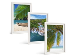 Composição De Quadros Na Parede Praia, Barco, Cachoeiras, Palmeiras Moldura Branca Imagens Para Um Quarto Infantil Espelharte (3 Piezas De 40x60 Cm)