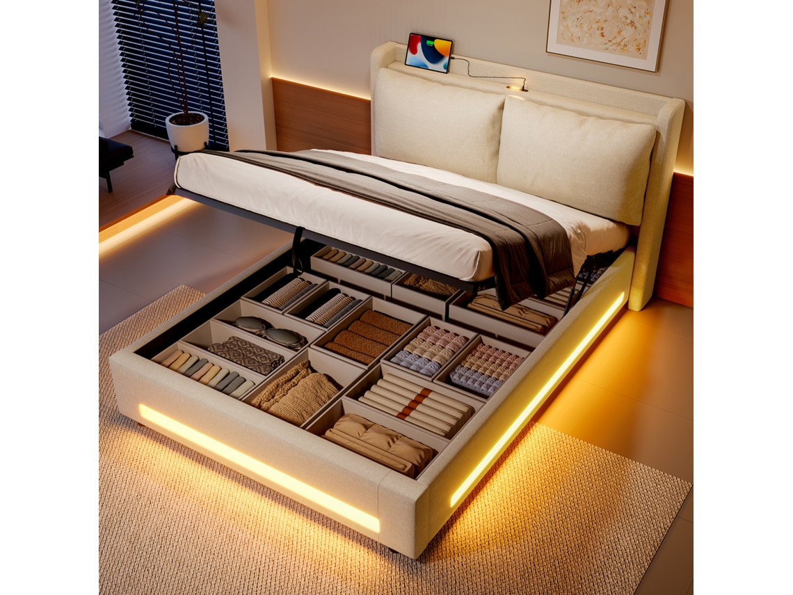 Cama 140x200cm Moderna Com Armário Usb-c Led Travesseiros Removíveis