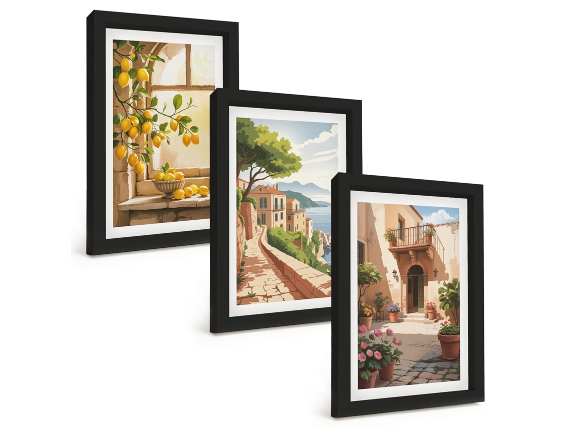 Quadros Decorativos Para Paredefrutas Cítricas Na Cozinha, Mar, Cidade Moldura Preta Quadros Para O Escritório Espelharte (3 Peças 20x30 Cm)