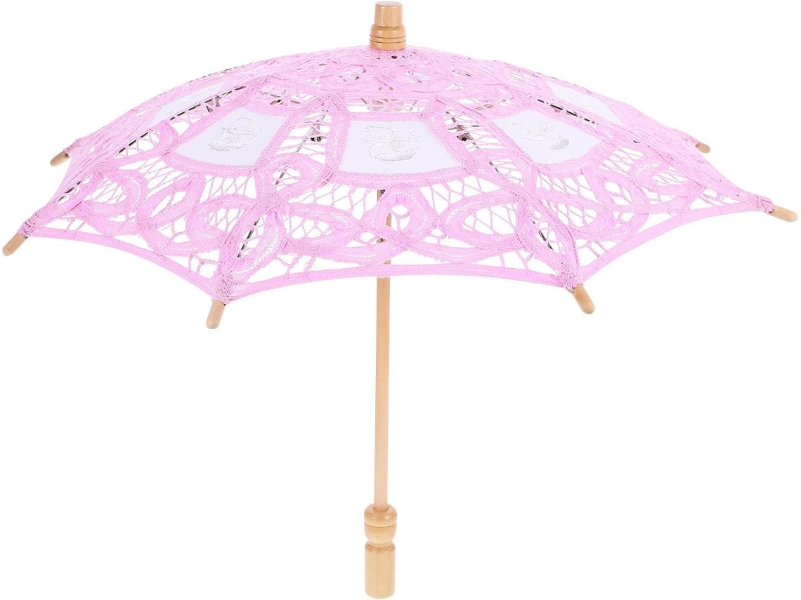 Guarda-sol Clássico Rosa Com Renda E Cabo De Madeira, Estilo Casamento.