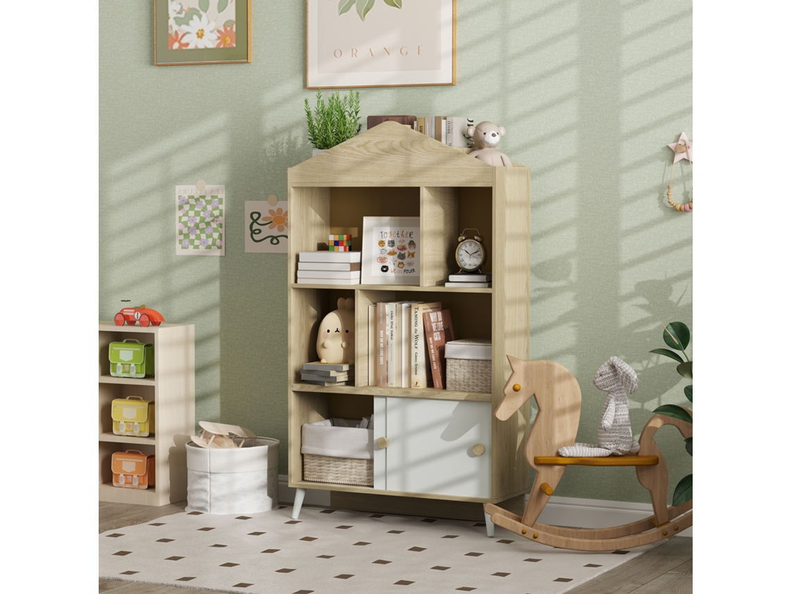 Estante Infantil Madeira Com 4 Compartimentos De Livros P/crianças C/prateleiras Abertas E Armário P/domitório Sala Jogos 80x30x140.5 Cm