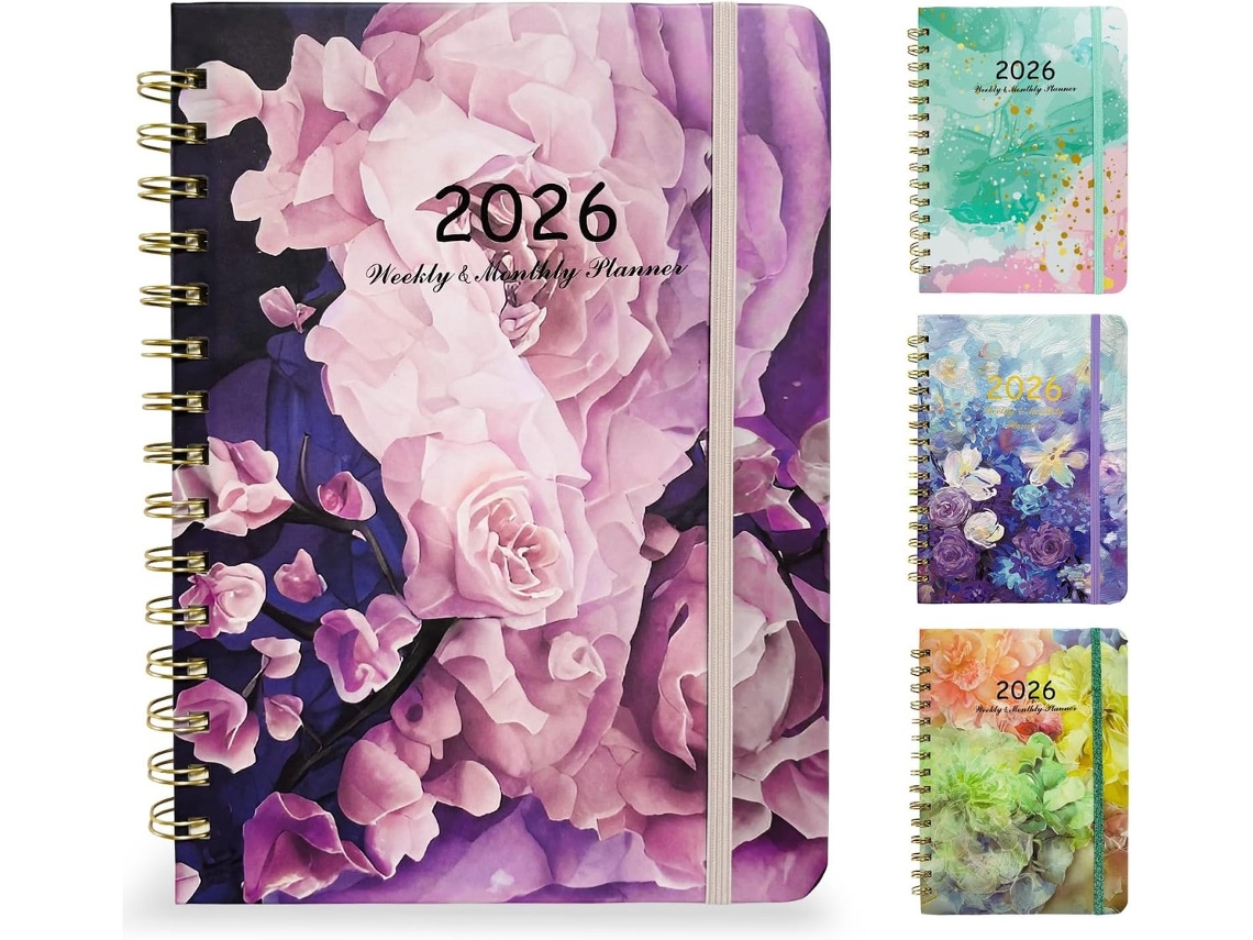 Agenda Semanal 2026 A5 Com Capa Dura E Estampa Floral Roxa, Marcador De Páginas, 21, 5 X 15,8 Cm, Ano Letivo(janeiro A Dezembro), Encadernação Dupla